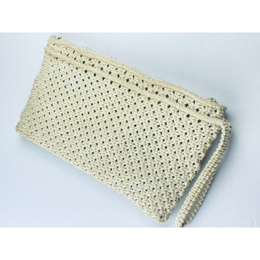 ~ Boho Macrame Wristlet Bag Clutch Purse Festival Cream Wood Beads Handbag - Picture 5 of 13